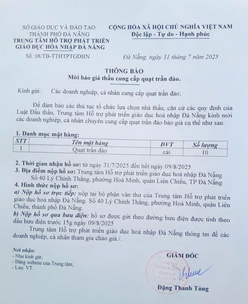 mời thầu quạt trần đảo