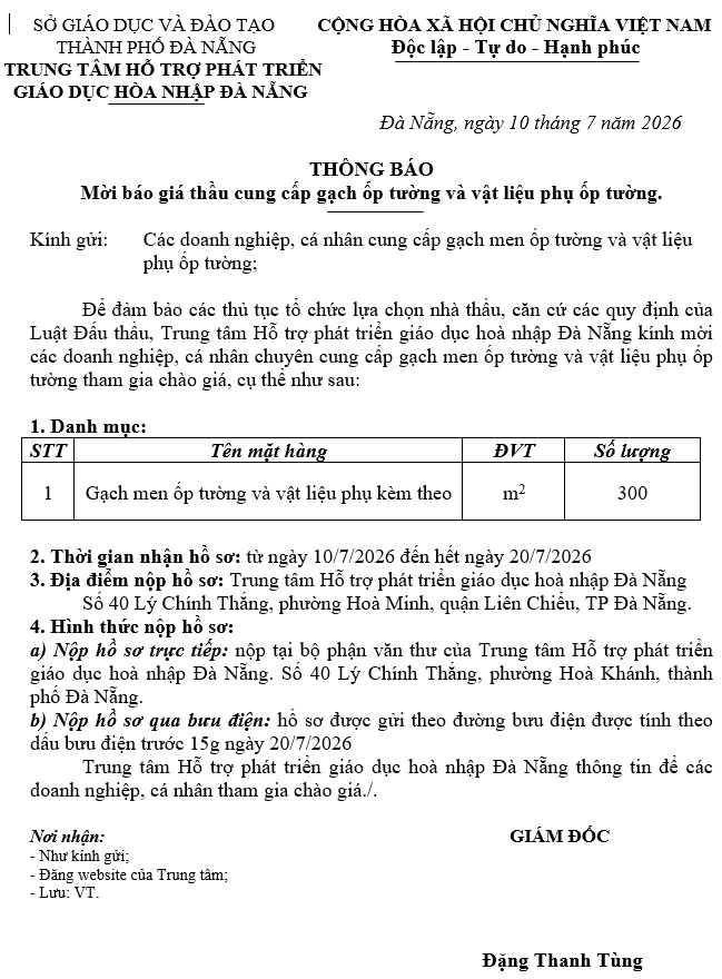 thông báo chào giá gạch ốp tường